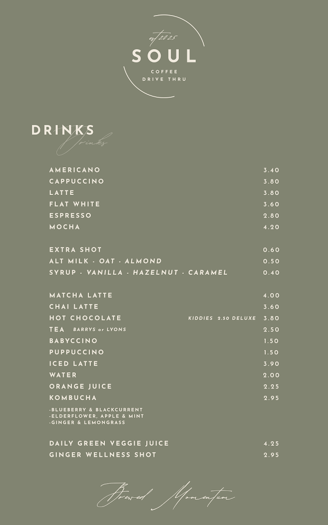 Drinks menu with prices for coffee, tea, and juices